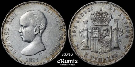 SPAIN, Alfonso XIII, 5 Pesetas 1891 PG-M, VF+