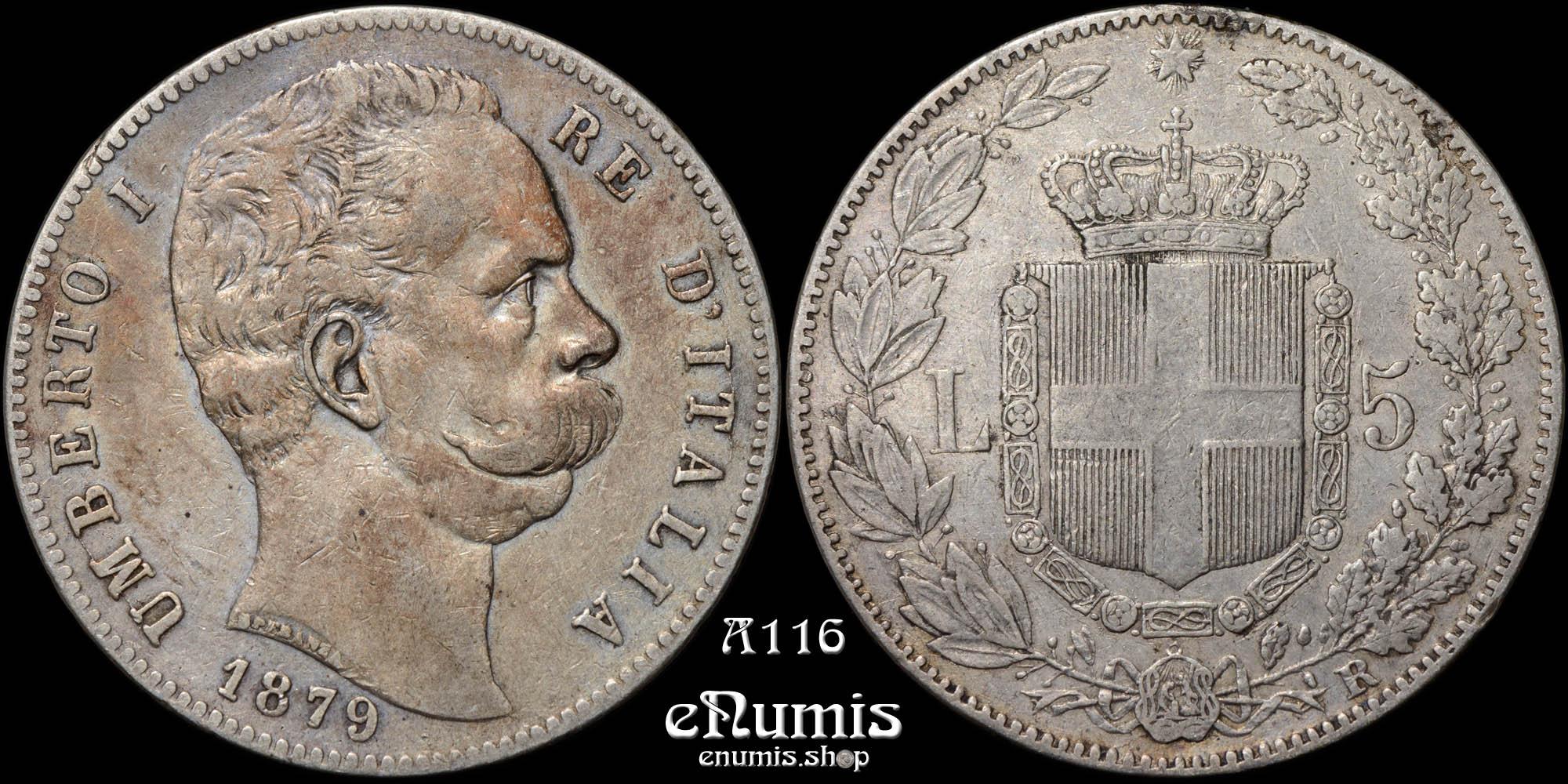 ITALY, Umberto I, 5 Lire 1879, VF+