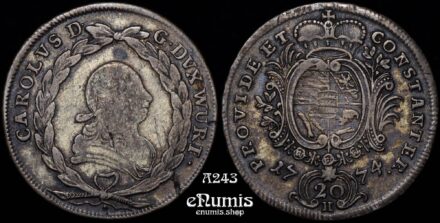 GERMANY WURTTEMBERG, Karl Eugen, 20 Kreuzer 1774 H, toned, VF