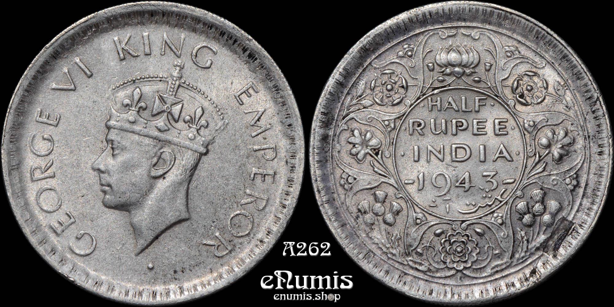 INDIA, George VI, Half Rupee 1943, Lahore, aUNC