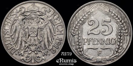 GERMAN EMPIRE, 25 Pfennig 1912 F, Stuttgart, XF+