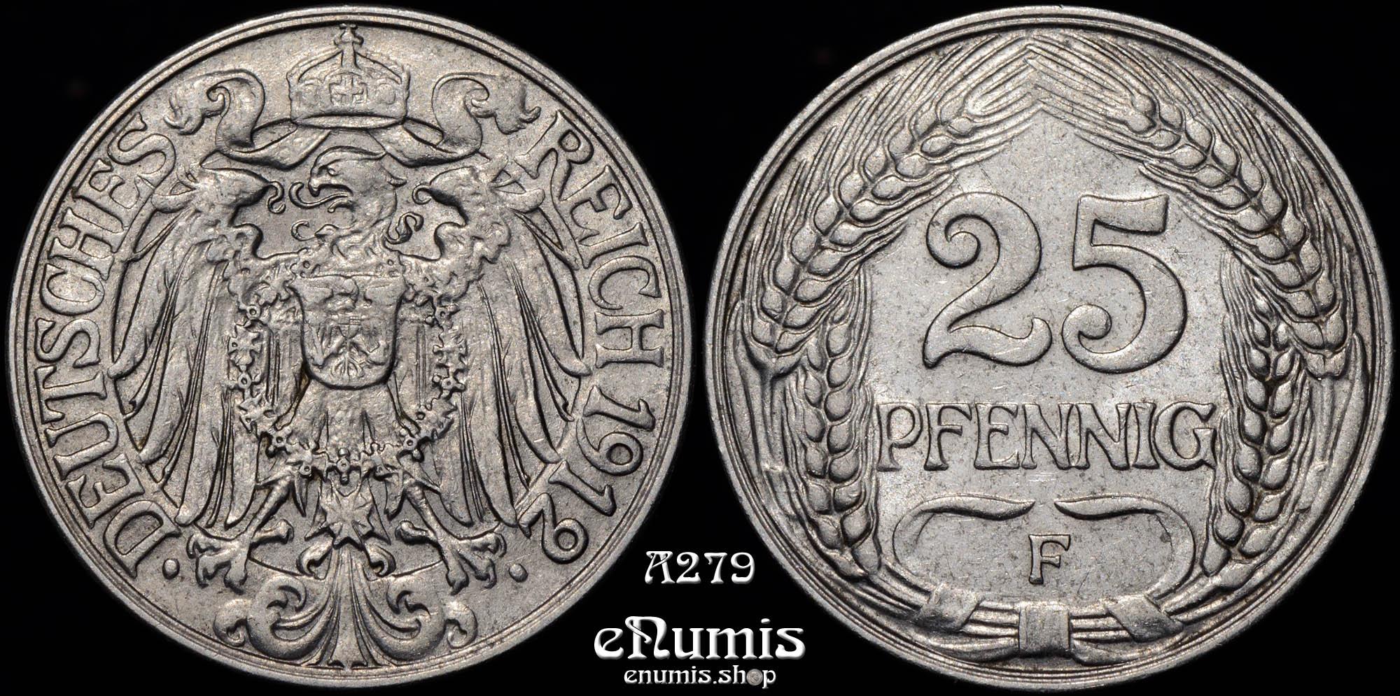 GERMAN EMPIRE, 25 Pfennig 1912 F, Stuttgart, XF+