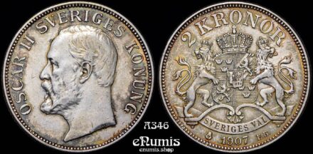 SWEDEN, Oscar II, 2 Kronor 1907, XF+/aUNC