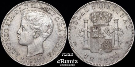 PHILIPPINES, Alfonso XIII, 1 Peso 1897 SG-V, XF+