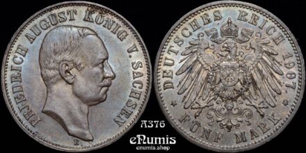 GERMANY SAXONY, Friedrich August III, 5 Mark 1907, nicely toned, aUNC/UNC