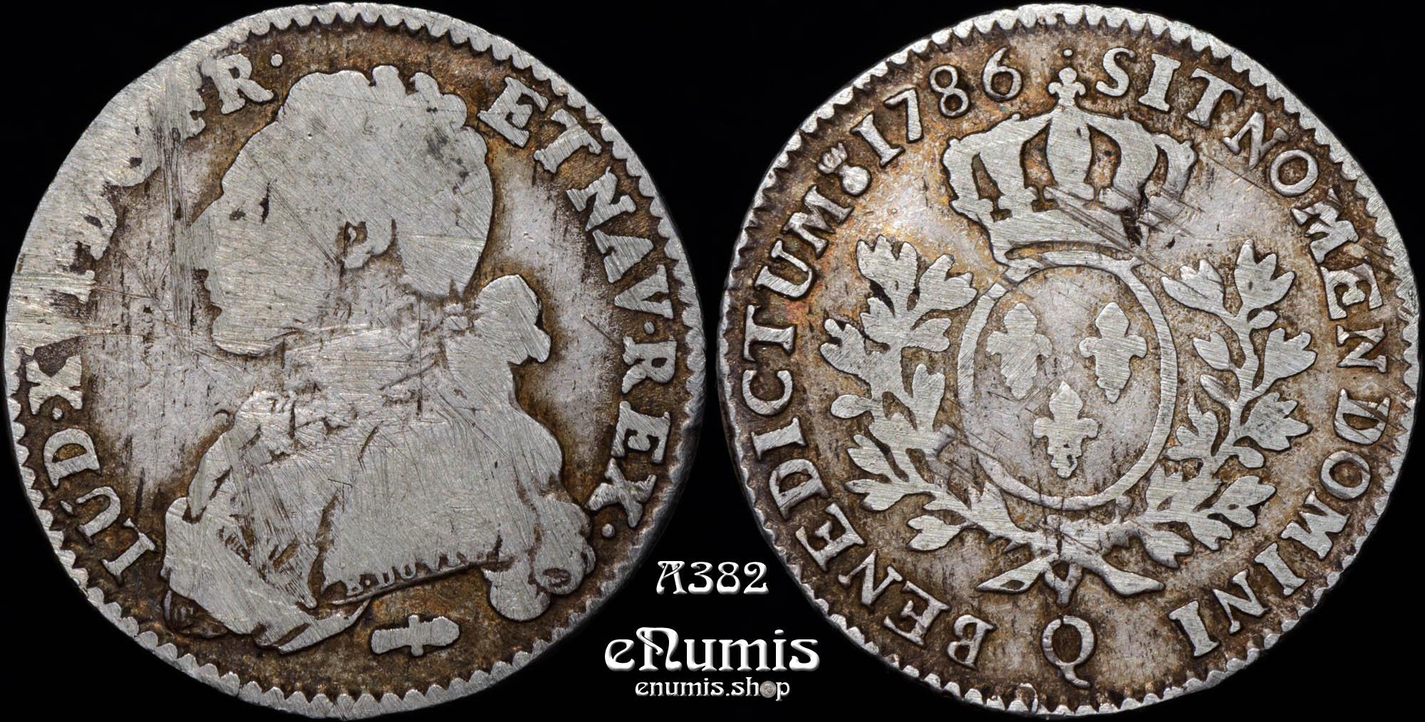 FRANCE, Louis XVI, 1/5 Ecu 1786 Q, Perpignan, R2, F/VF FRANCE, Louis XVI, 1/5 Ecu 1786 Q, Perpignan, R2, F/VF