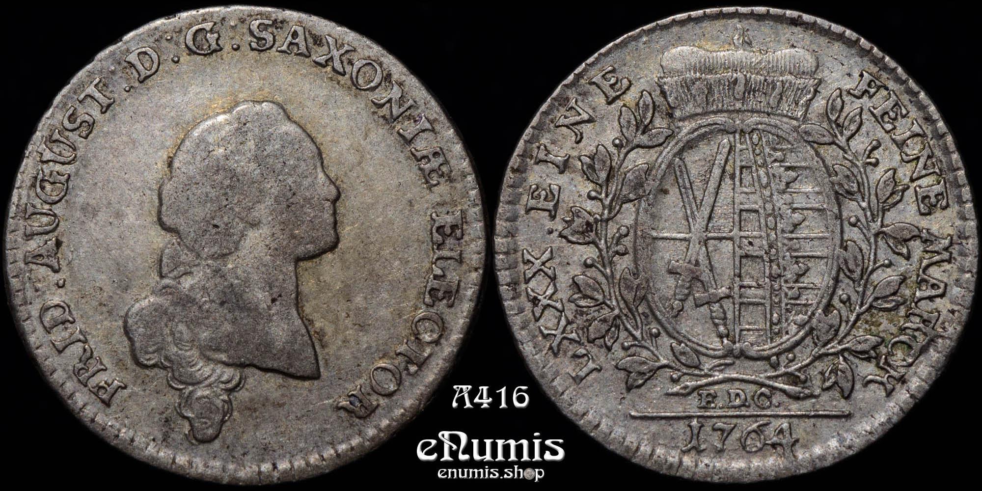 GERMANY SAXONY, Friedrich August I, 1/6 Taler 1764 EDC, XF