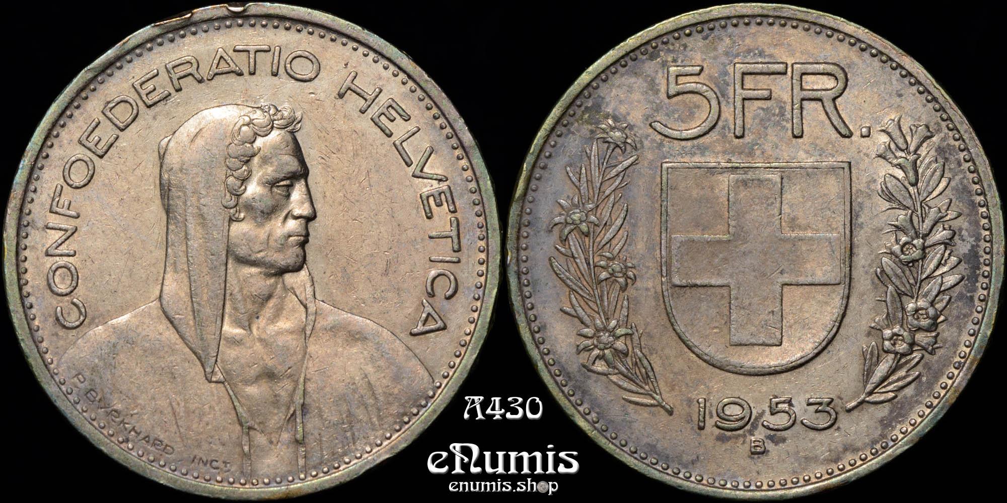 SWITZERLAND, 5 Francs 1953 B, nicely toned, aUNC