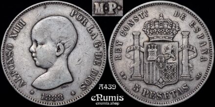 SPAIN, Alfonso XIII, 5 Pesetas 1888 MP-M/DE-M, Scarce!, VF