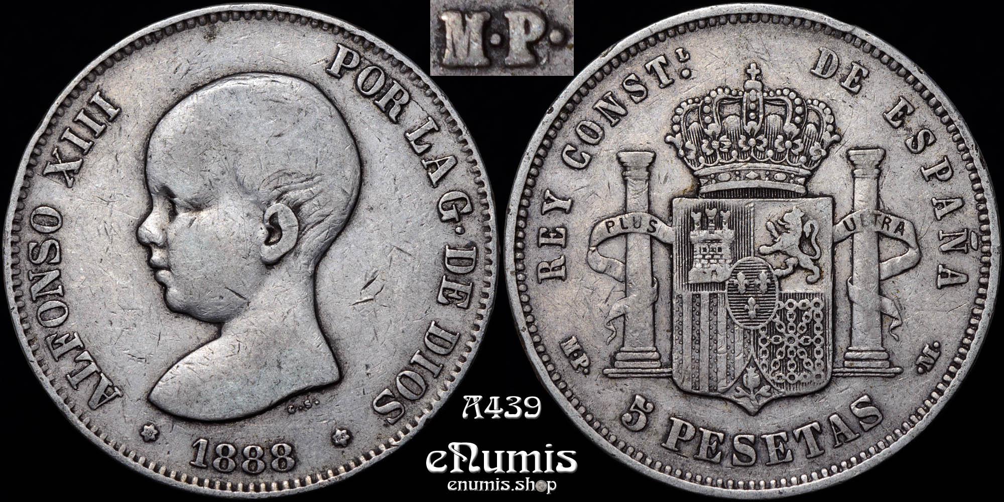 SPAIN, Alfonso XIII, 5 Pesetas 1888 MP-M/DE-M, Scarce!, VF