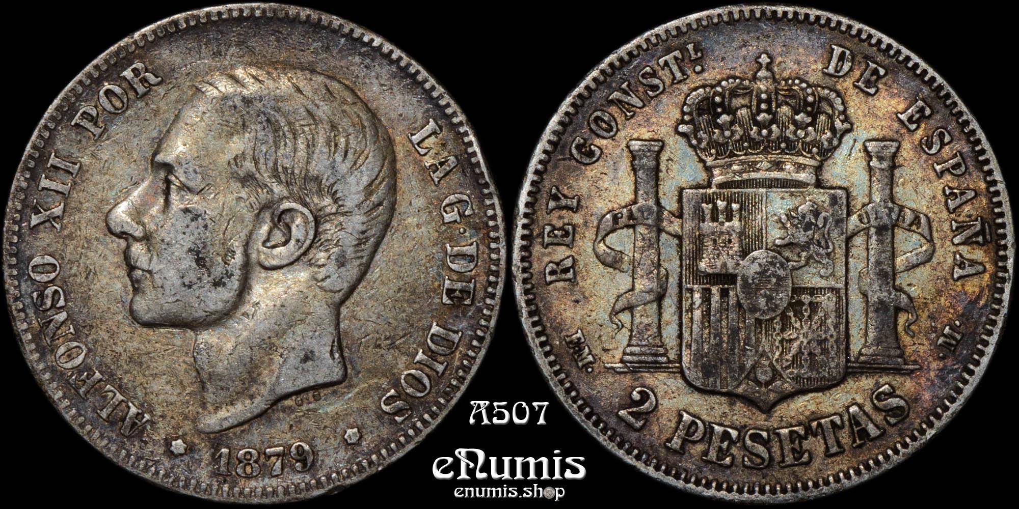 SPAIN, Alfonso XII, 2 Pesetas 1879 EM-M, toned, VF+