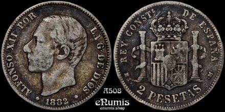 SPAIN, Alfonso XII, 2 Pesetas 1882 MS-M, toned, VF