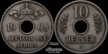 GERMAN EAST AFRICA, Wilhelm II, 10 Heller 1908 J, aXF