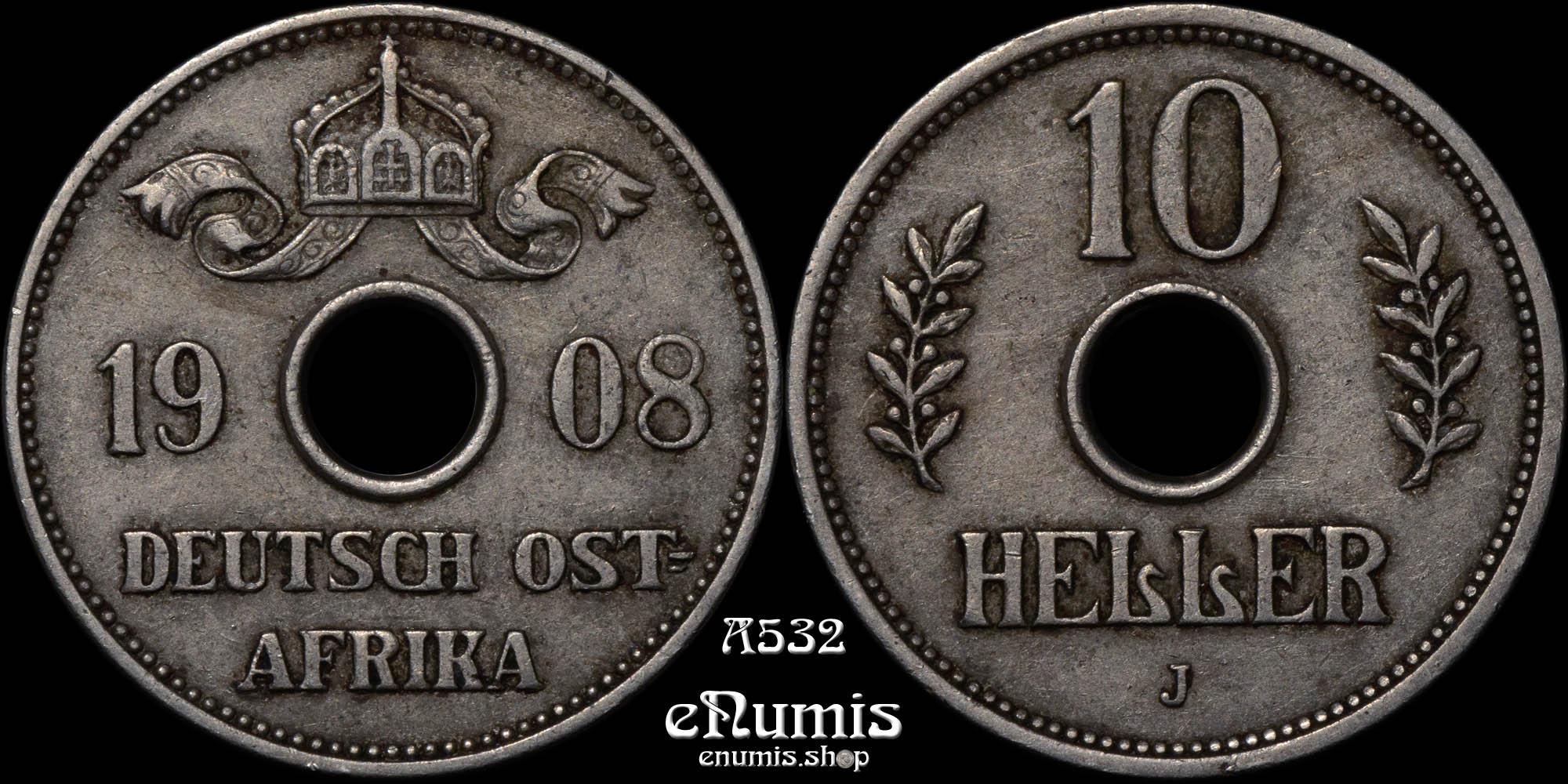 GERMAN EAST AFRICA, Wilhelm II, 10 Heller 1908 J, aXF
