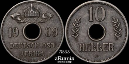 GERMAN EAST AFRICA, Wilhelm II, 10 Heller 1909 J, aXF