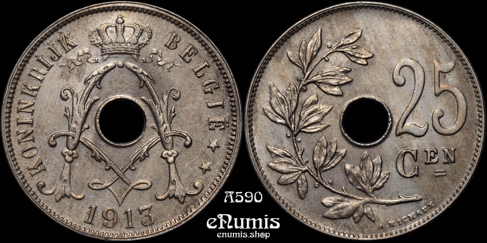 BELGIUM, Albert I, 25 Centimes 1913, UNC