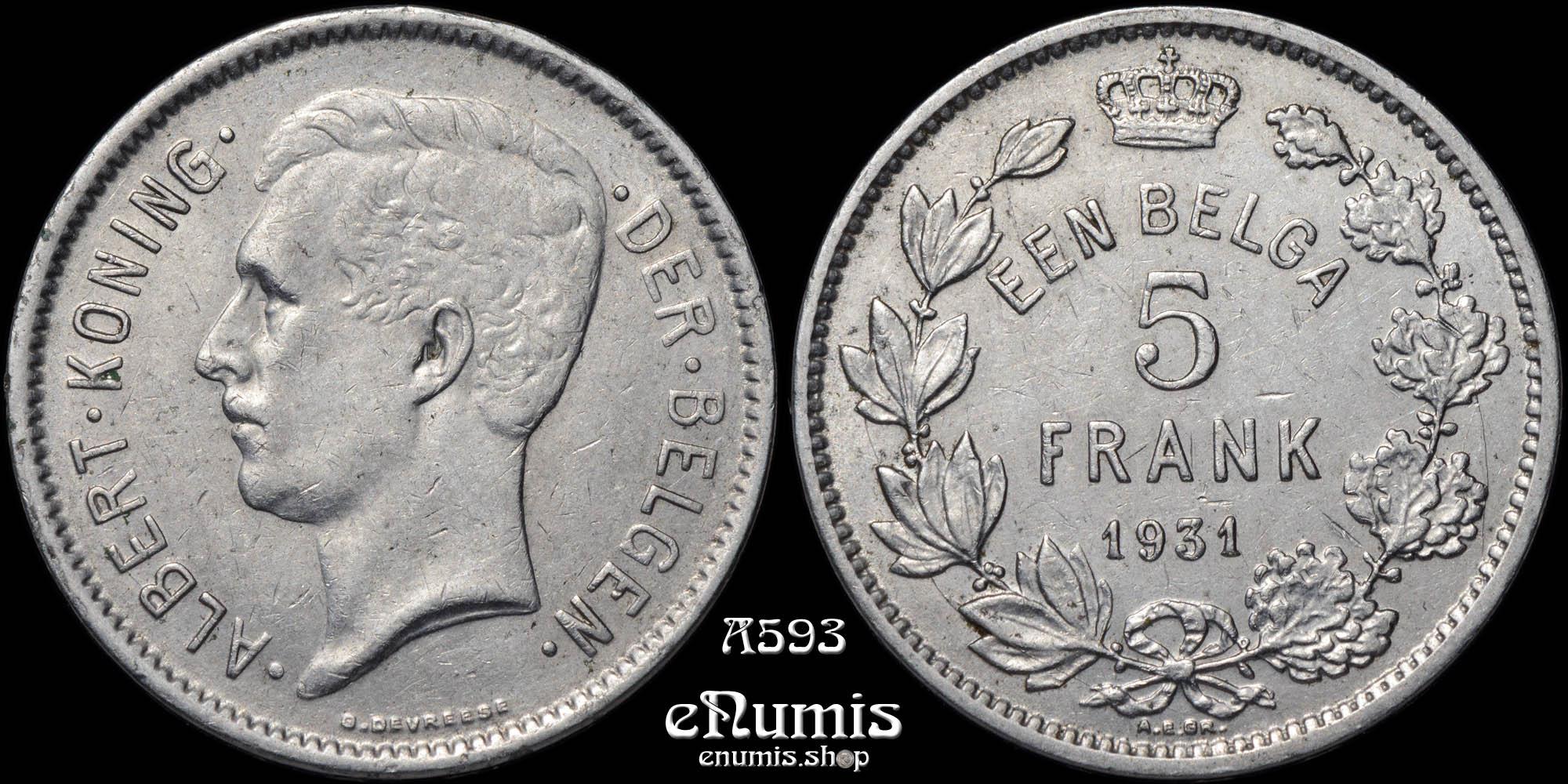 BELGIUM, Albert I, 5 Francs 1931, Der Belgen, XF+ BELGIUM, Albert I, 5 Francs 1931, Der Belgen, XF+