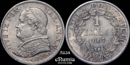 PAPAL STATES, VATICAN, Pius IX, 1 Lira 1867 R, UNC