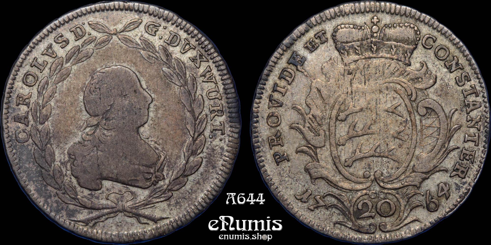 GERMANY WURTTEMBERG, Karl Eugen, 20 Kreuzer 1764, toned, VF