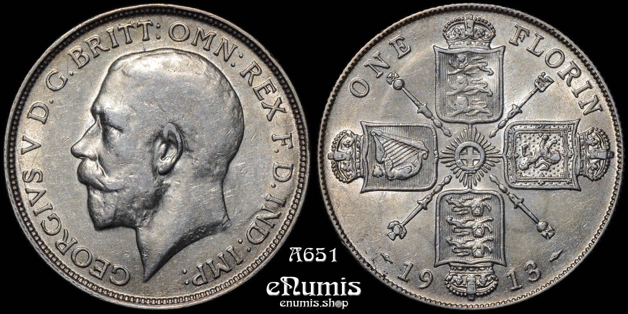 Great Britain, George V, Florin 1913, Rarest date, XF-UNC