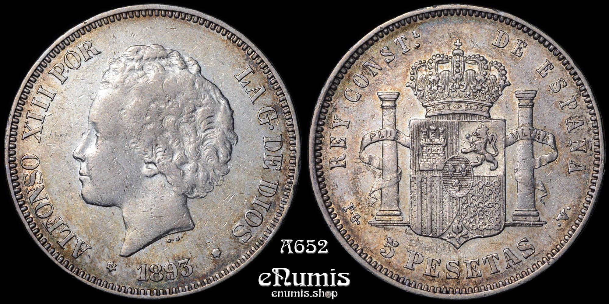 SPAIN, Alfonso XIII, 5 Pesetas 1893 PG-V, Rare!, VF-XF