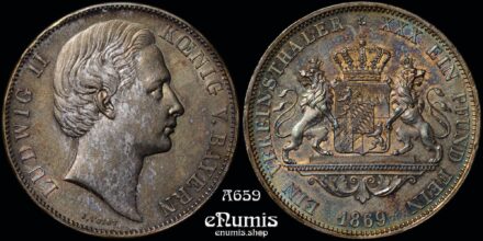 GERMANY BAVARIA, Ludwig II, Taler 1869, Lions, UNC