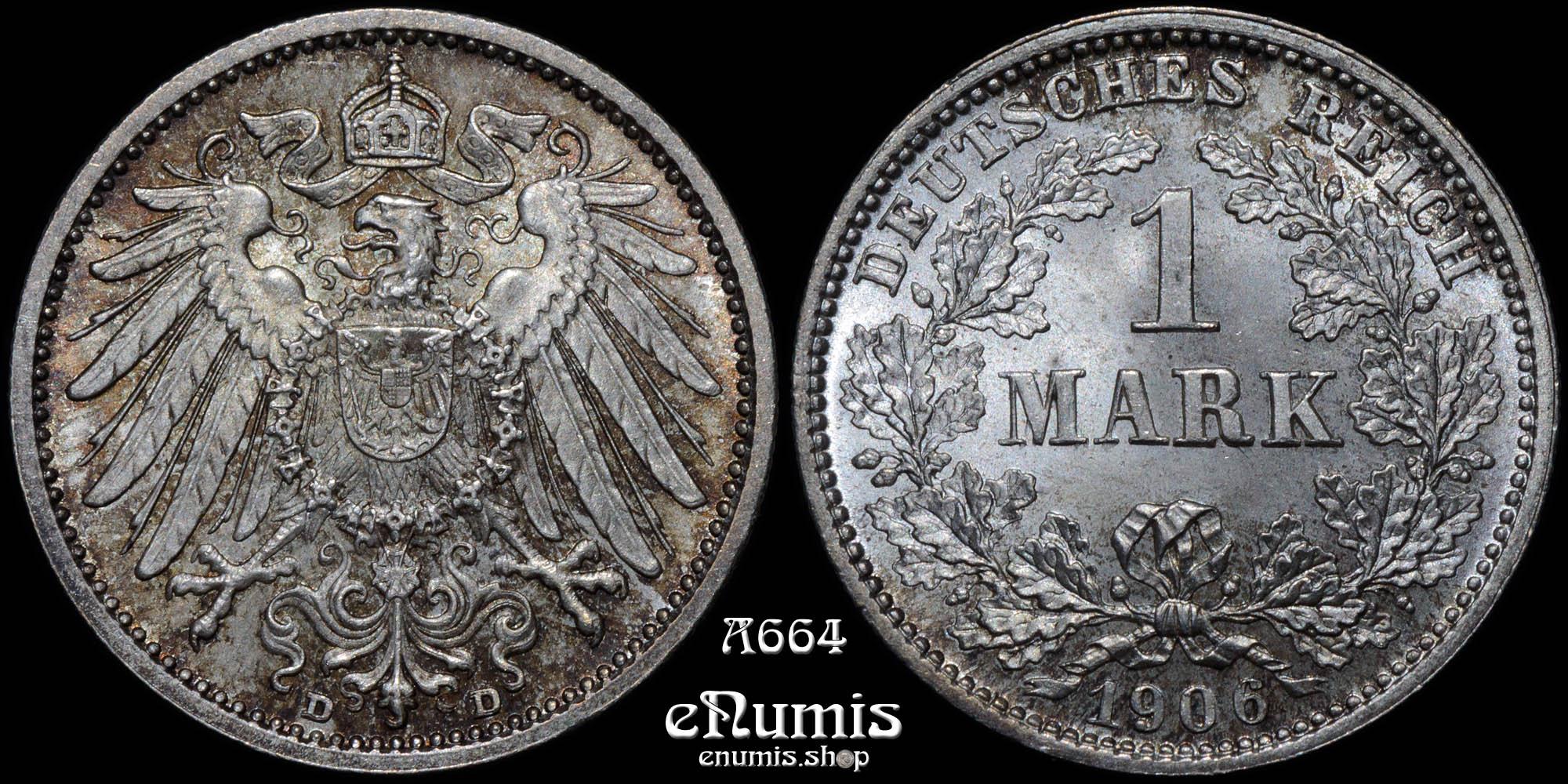 GERMAN EMPIRE, 1 Mark 1906 D, Munich, Nicely toned, UNC