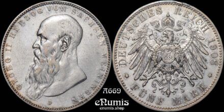GERMANY Saxe-Meiningen, Georg II, 5 Mark 1908, XF