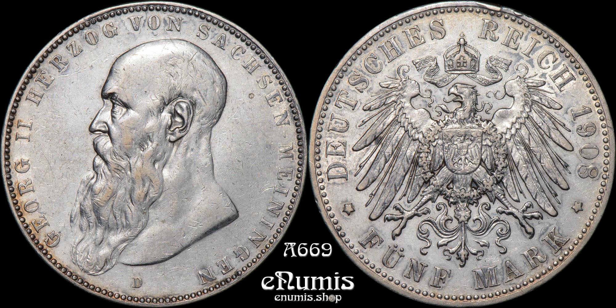 GERMANY Saxe-Meiningen, Georg II, 5 Mark 1908, XF GERMANY Saxe-Meiningen, Georg II, 5 Mark 1908, XF