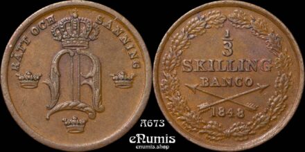 SWEDEN, Oscar I, 1/3 Skilling Banco 1848, UNC