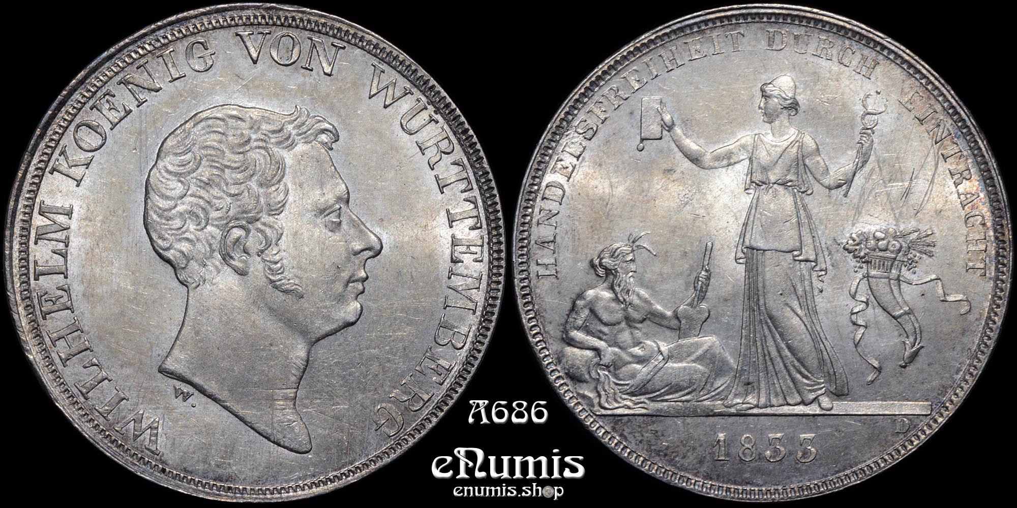 Germany, Wurttemberg, Wilhelm I, Taler 1833, scratches, UNC