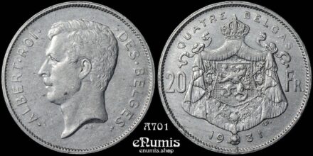 BELGIUM, Albert I, 20 Francs 1931, rare, XF+