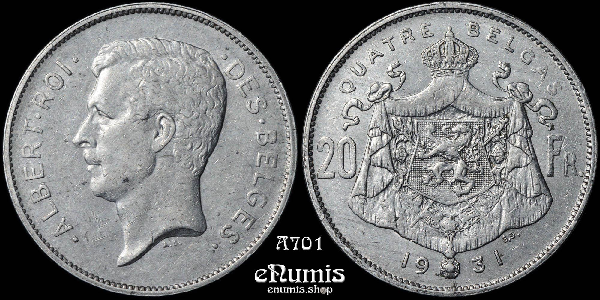 BELGIUM, Albert I, 20 Francs 1931, rare, XF+