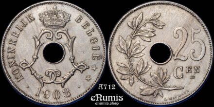BELGIUM, Leopold II, 25 Centimes 1908, België, aUNC