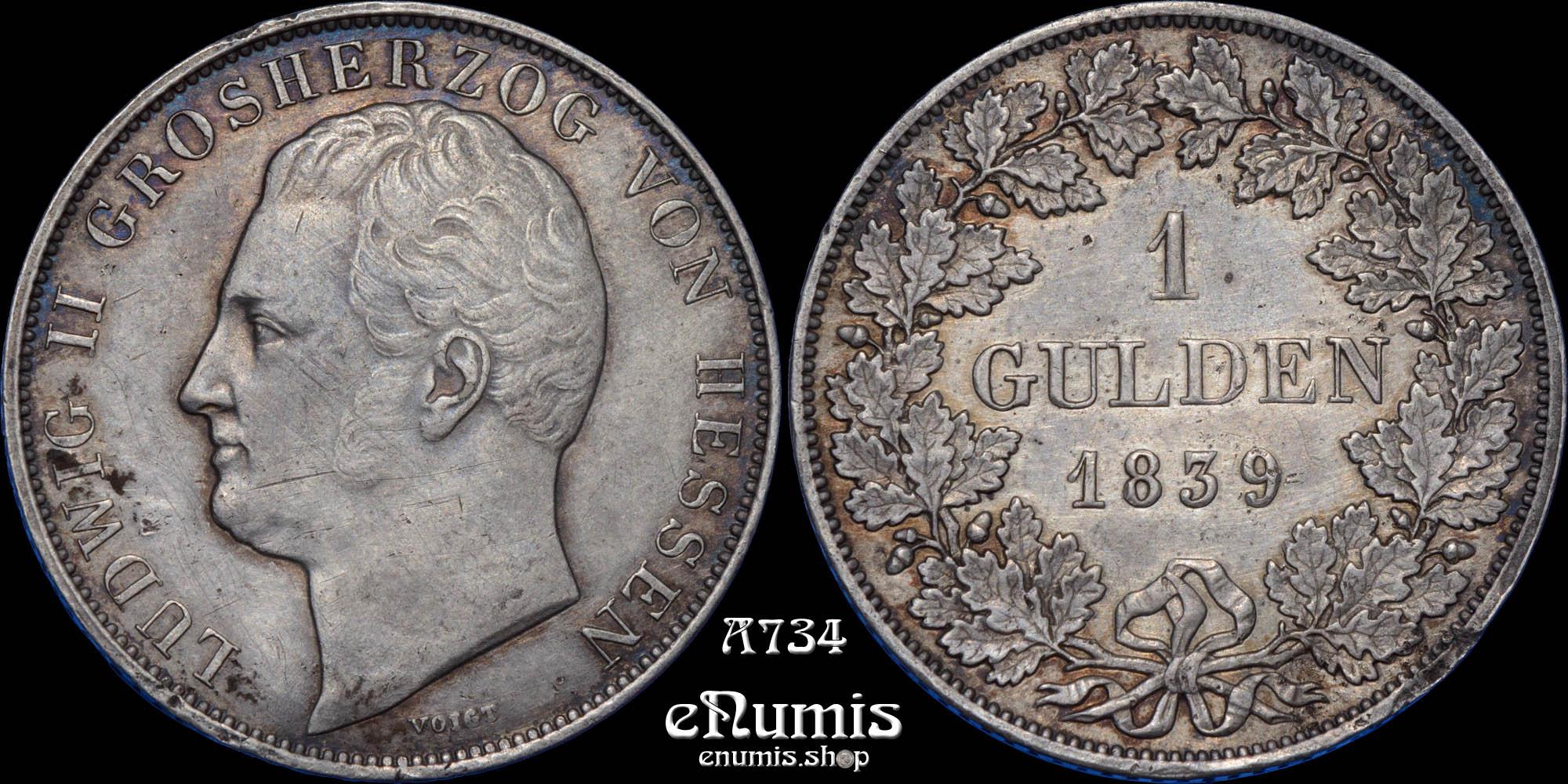 GERMANY Hesse Darmstadt, Ludwig II, 1 Gulden 1839, toned, VF-XF