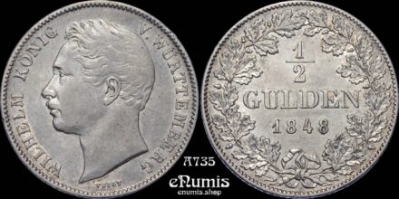 GERMANY WURTTEMBERG, Wilhelm I, 1/2 Gulden 1848, XF