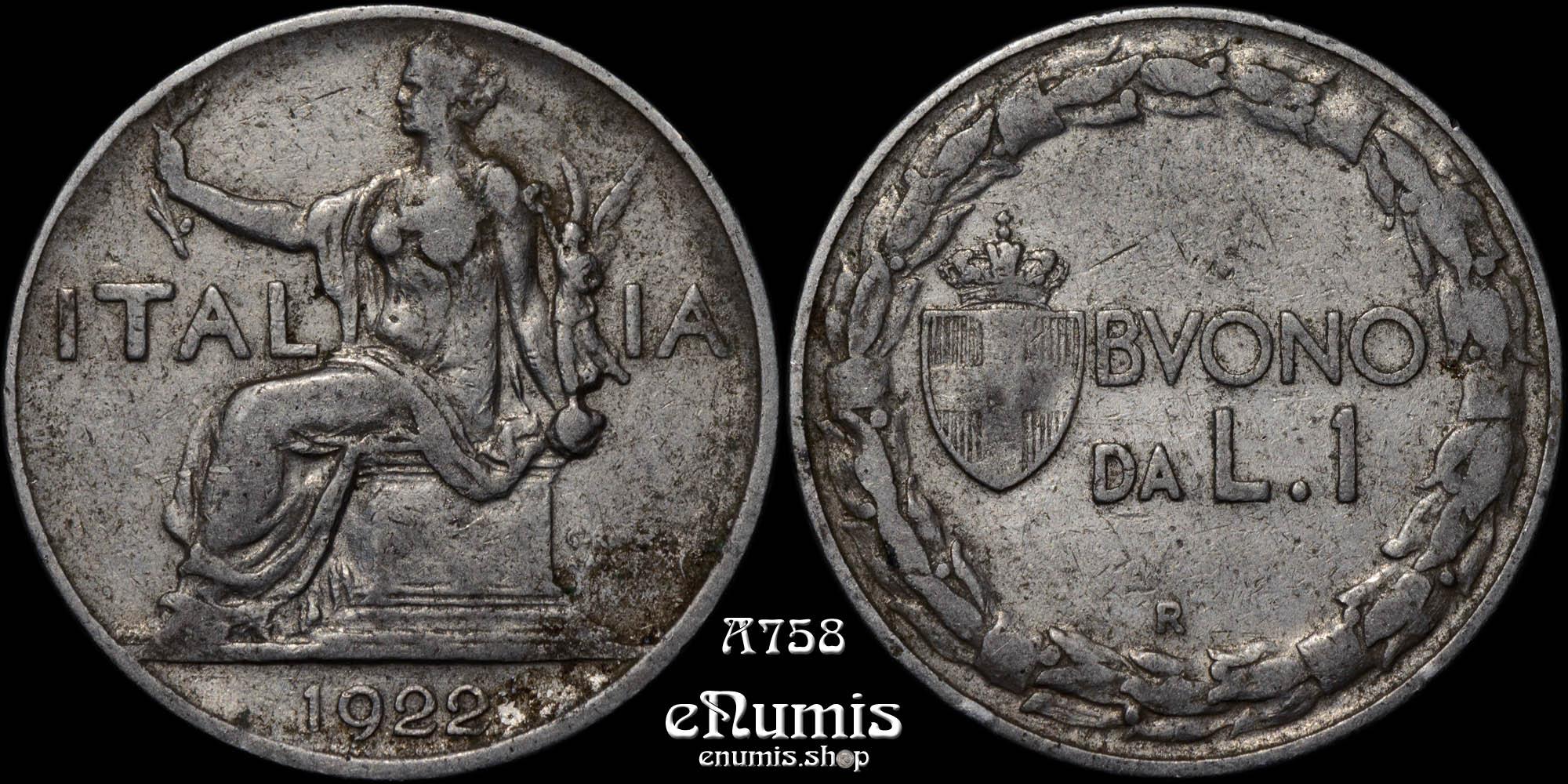 ITALY, Vittorio Emanuele III, 1 Lira 1922 R, VF