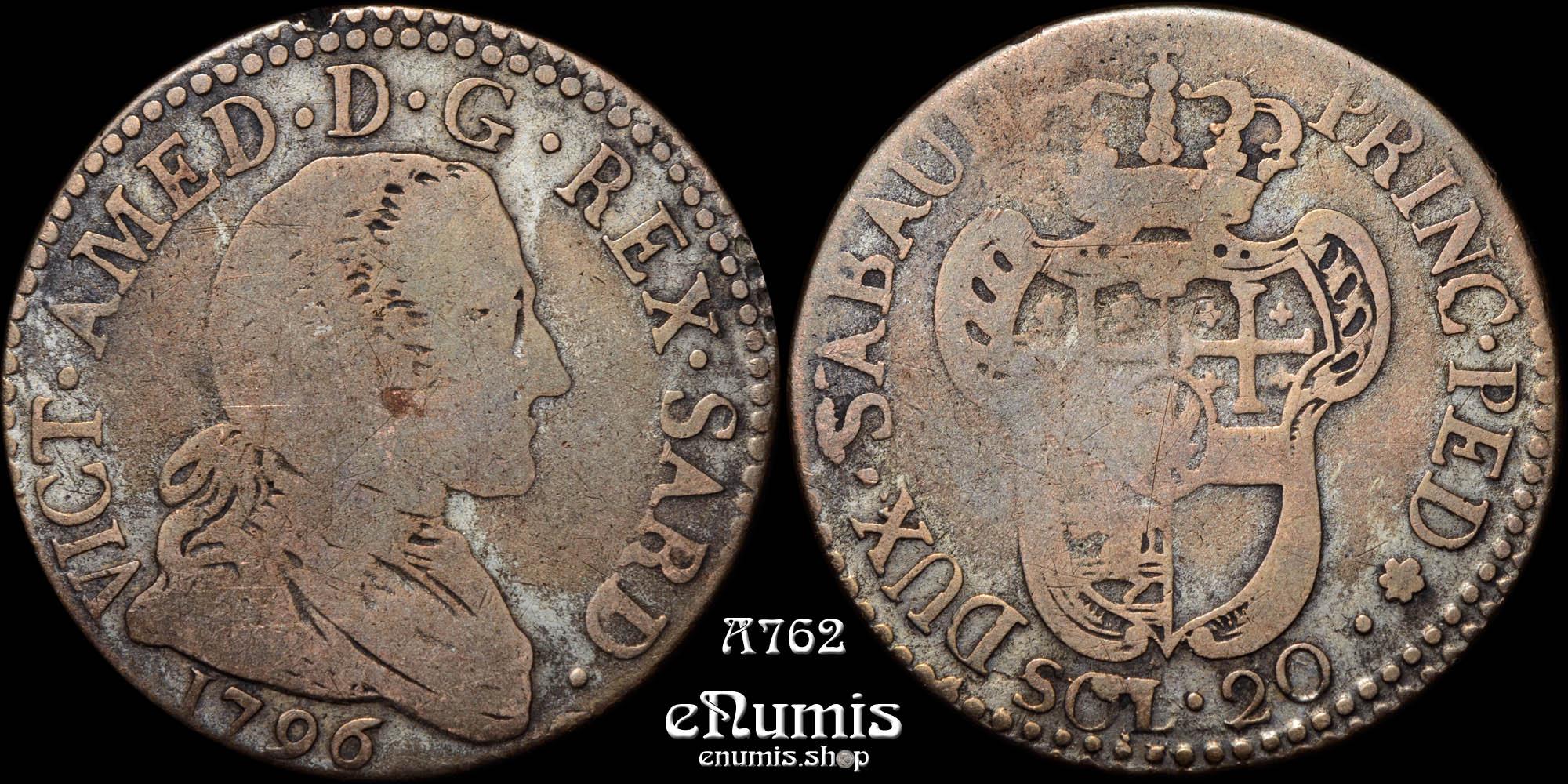 ITALY, SARDINIA, Vittorio Amedeo III, 20 Soldi 1796, Fine