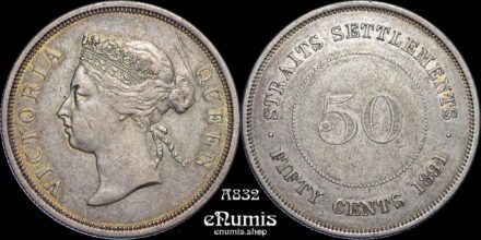 Straits Settlements, Victoria, 50 Cents 1891, toned, XF