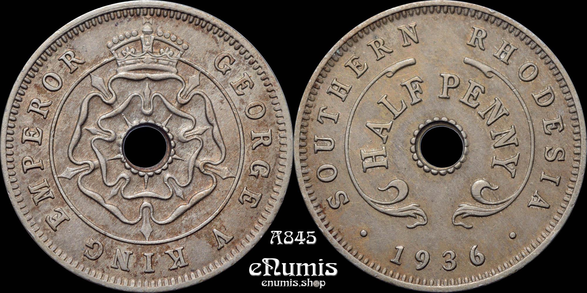 SOUTHERN RHODESIA, George V, 1/2 Half Penny 1936, RARE!, toned, UNC SOUTHERN RHODESIA, George V, 1/2 Half Penny 1936, RARE!, toned, UNC