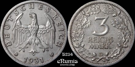 GERMANY WEIMAR REPUBLIC, 3 Mark 1931 D, business strike, XF-UNC