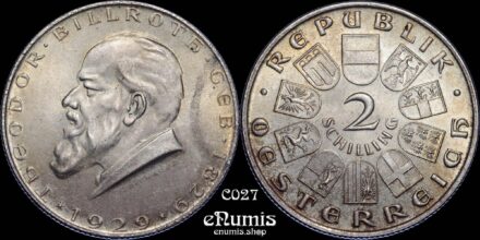 AUSTRIA, 2 Schilling 1929, 100th Anniversary - Birth of Dr. Billroth, UNC