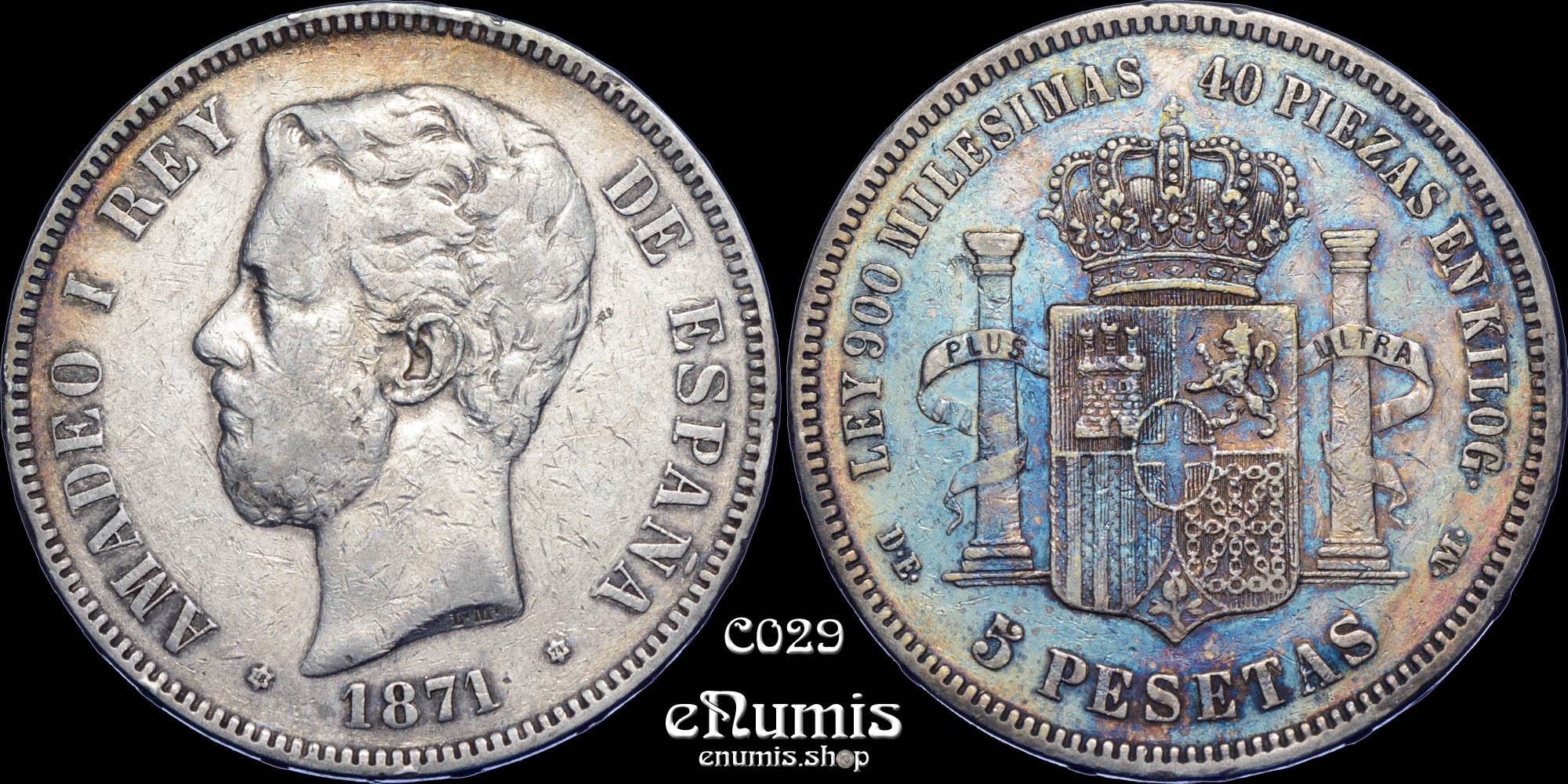 SPAIN, Amadeo I, 5 Pesetas 1871 (1874) DE-M, nicely toned, VF+/aXF