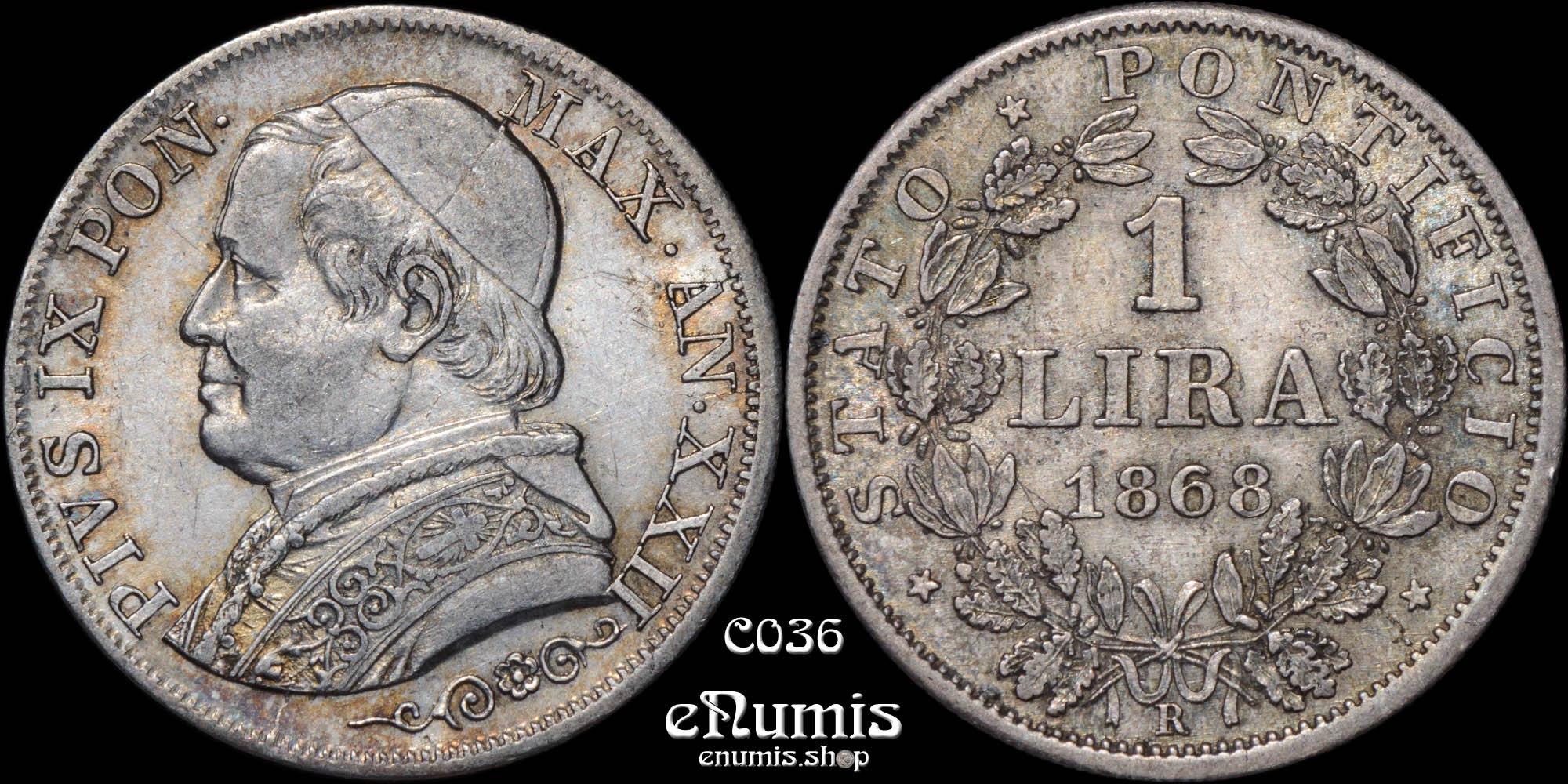 PAPAL STATES, VATICAN, Pius IX, 1 Lira 1868 R, XXII, XF+/UNC