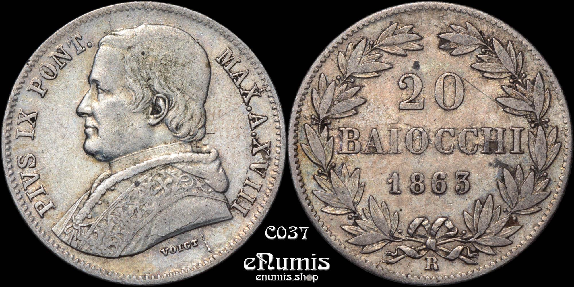 PAPAL STATES, VATICAN, Pius IX, 20 Baiocchi 1863 R, XVIII, VF-XF PAPAL STATES, VATICAN, Pius IX, 20 Baiocchi 1863 R, XVIII, VF-XF