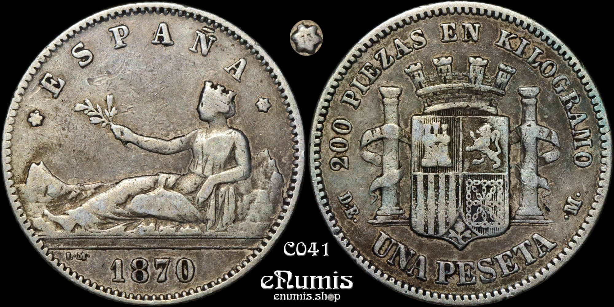 SPAIN, Provisional Government, 1 Peseta 1870 (1873) DE-M, VF