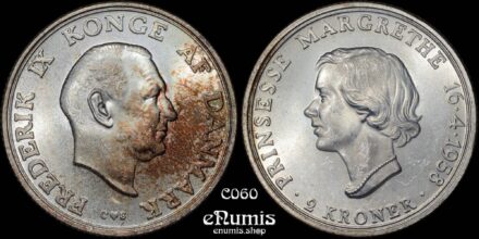 DENMARK, Frederick IX, 2 Kroner 1958, Princess Margrethe’s 18th Birthday, UNC