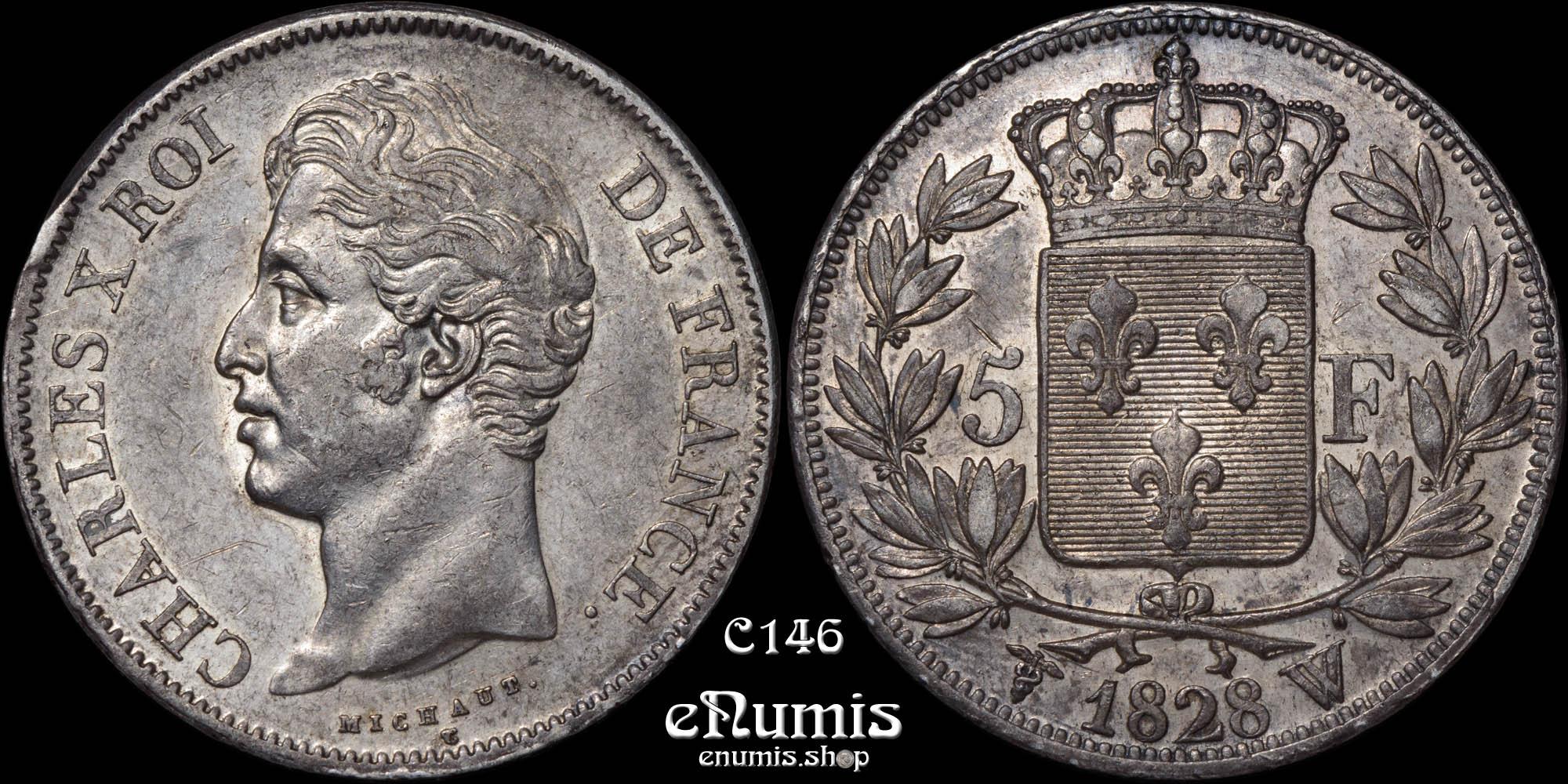 FRANCE, Charles X, 5 Francs 1828 W, Lille, aUNC