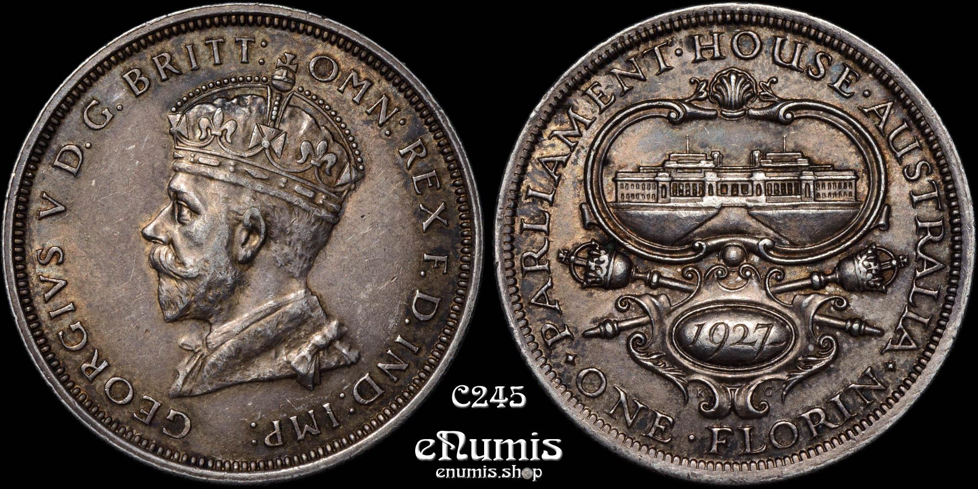 AUSTRALIA, George V, Florin 1927, toned, Opening of Parliament House, aUNC
