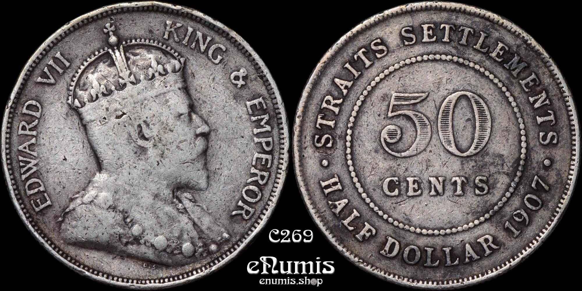 Straits Settlements, Edward VII, 50 Cents 1907, VF